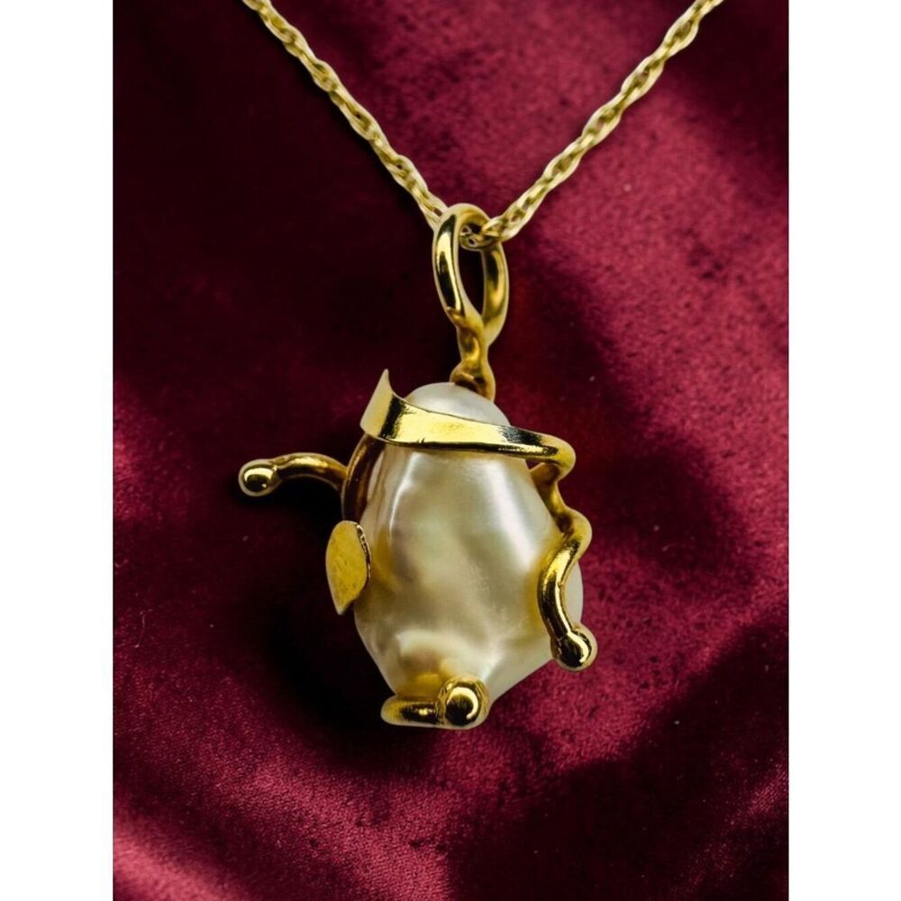 Antique- 14K Gold Baroque Pearl Necklace 17" Brutalist Freeform Art Nouveau 1.6g